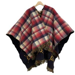 GUCCI AUTHENTIC Plaid Wool Poncho with Fringe